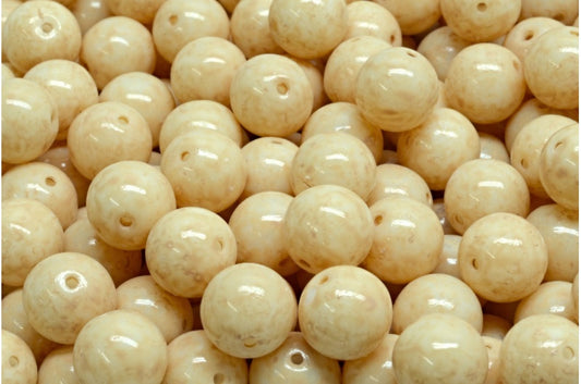 Round Druck Beads, White Opal Beige Travertin Spotted (02020-33301), Glass, Czech Republic
