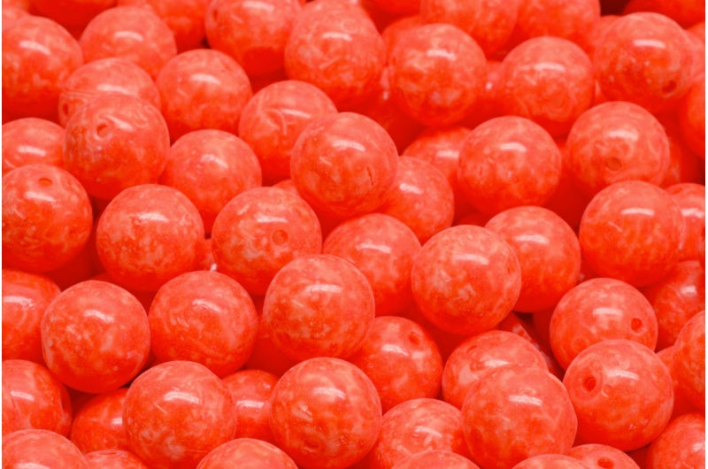 ラウンドドラックビーズ、ホワイトオパールベージュオレンジスポット（02020-33307）、ガラス、チェコ共和国