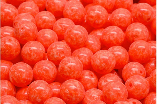 ラウンドドラックビーズ、ホワイトオパールベージュオレンジスポット（02020-33307）、ガラス、チェコ共和国