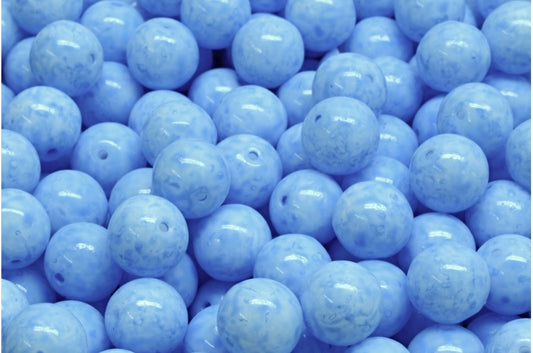 ラウンドドラックビーズ、ホワイトオパールブルースポット（02020-33308）、ガラス、チェコ共和国