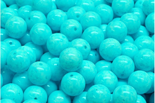 ラウンドドラックビーズ、ホワイトオパールターコイズスポット（02020-33309）、ガラス、チェコ共和国