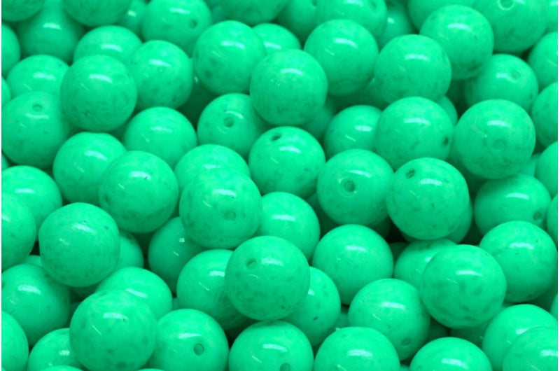 ラウンドドラックビーズ、ホワイトオパールターコイズスポット（02020-33310）、ガラス、チェコ共和国