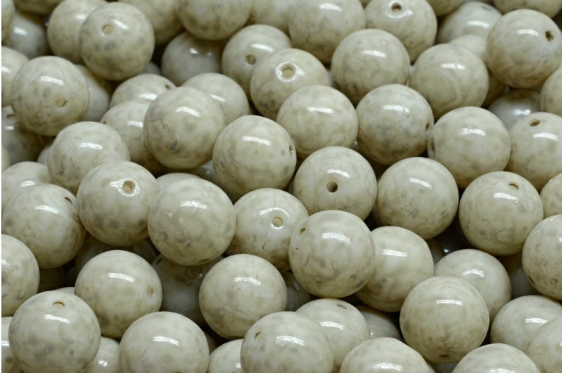 圆形 Druck 珠子，白色蛋白石米色斑点（02020-33312），玻璃，捷克共和国