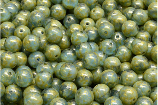 OUTLET 10 grams Round Druck Beads, 6 x 6 mm, Opaque Light Blue Transparent Blue Light Yellow (33010-30030-34302), Glass, Czech Republic