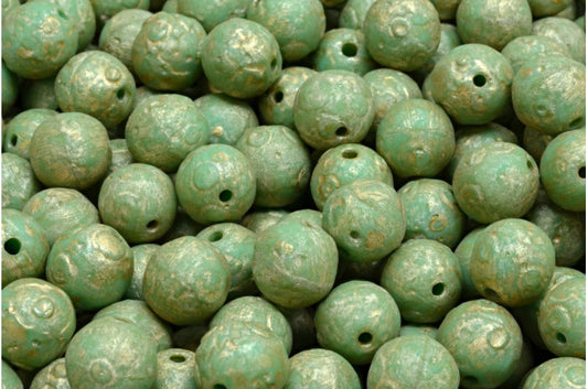 Round Druck Beads, Turquoise Etched Gold Splash (63130-ETCH-86710), Glass, Czech Republic