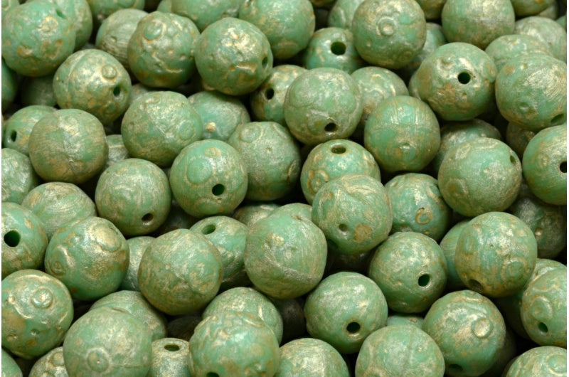 尾货 10克 圆形Druck珠，8 x 8毫米，绿松石蚀刻金色泼墨 (63130-ETCH-86710)，玻璃，捷克共和国