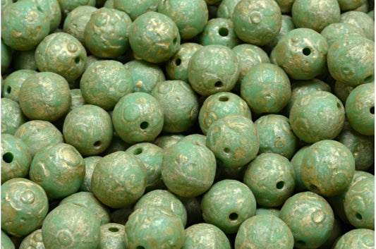尾货 10克 圆形Druck珠，8 x 8毫米，绿松石蚀刻金色泼墨 (63130-ETCH-86710)，玻璃，捷克共和国