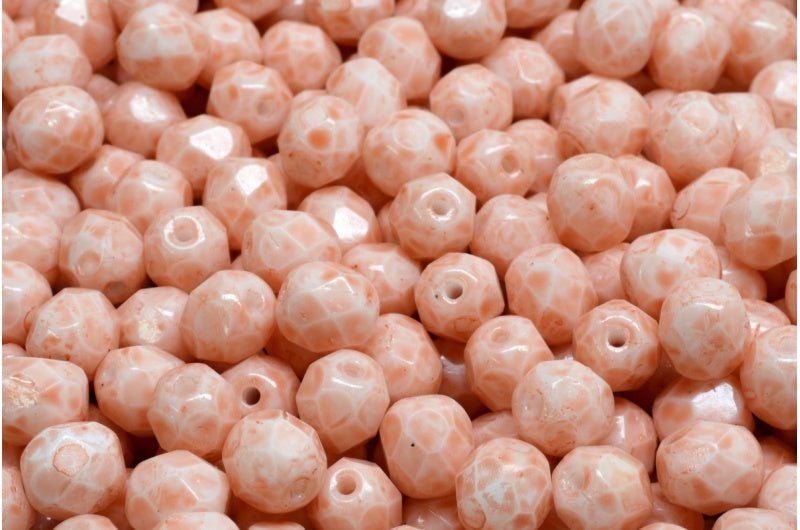 ファセットラウンドファイアポリッシュビーズ、チョークホワイトライトピンクピーチ（03000-34305）、ガラス、チェコ共和国