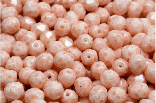 多面圆形火抛光珠，粉笔白浅粉桃色 (03000-34305)，玻璃，捷克共和国