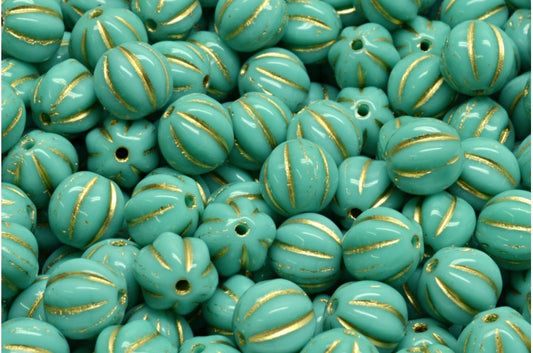 Melon Beads, Turquoise Gold Lined (63130-54302), Glass, Czech Republic