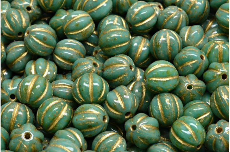 Melon Beads, Turquoise Travertin Gold Lined (63130-86800-54302), Glass, Czech Republic