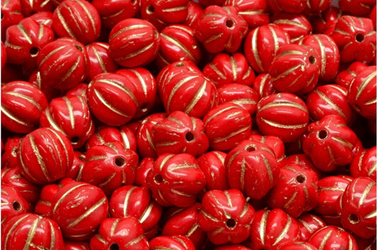 メロンビーズ、不透明レッドゴールドライン（93200-54302）、ガラス、チェコ共和国