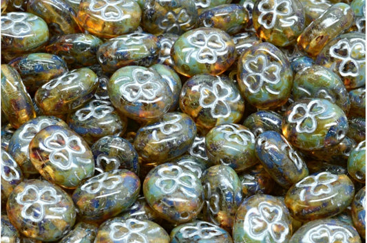 Shamrock Oval Beads, 36018 Travertin Silver Lined (36018-86800-54301), Glass, Czech Republic