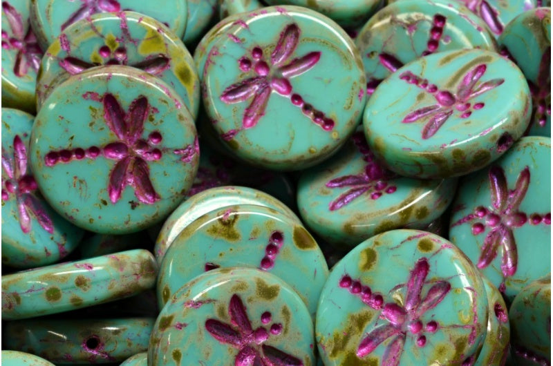 OUTLET 10 grams Round Flat Beads With Dragonfly, 17 x 17 mm, Turquoise Travertin Pink Lined (63130-86800-43807), Glass, Czech Republic