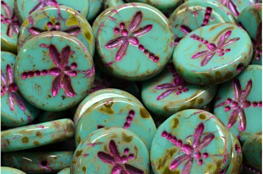 Round Flat Beads With Dragonfly, Turquoise Travertin Pink Lined (63130-86800-43807), Glass, Czech Republic