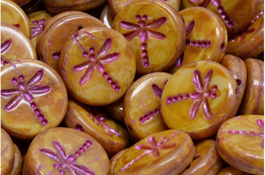 Round Flat Beads With Dragonfly, Opaque Pink Travertin Pink Lined (74020-86800-43807), Glass, Czech Republic