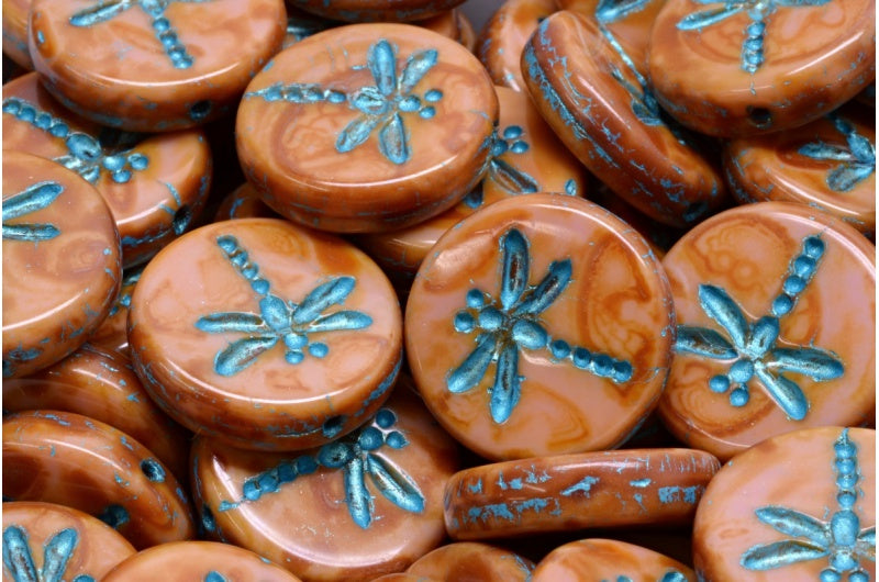 Round Flat Beads With Dragonfly, Opaque Pink Travertin Light Blue Lined (74020-86800-43811), Glass, Czech Republic