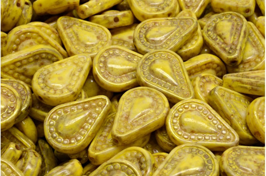 Filigree Teardrop Beads, White Travertin Beige Yellow Spotted (02010-86800-33303), Glass, Czech Republic