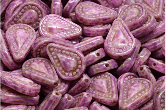 Filigree Teardrop Beads, White Travertin Pink Spotted (02010-86800-33306), Glass, Czech Republic