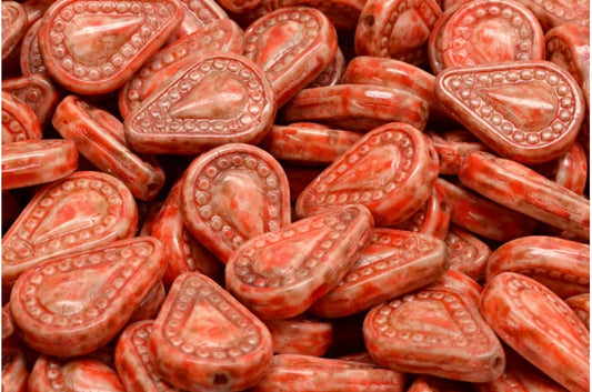 Filigree Teardrop Beads, White Travertin Beige Orange Spotted (02010-86800-33307), Glass, Czech Republic