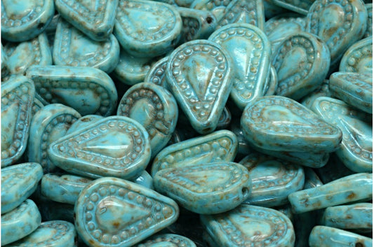 Filigree Teardrop Beads, White Travertin Turqouise Spotted (02010-86800-33309), Glass, Czech Republic