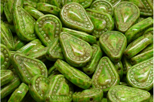 Filigree Teardrop Beads, White Travertin Green Spotted (02010-86800-33311), Glass, Czech Republic