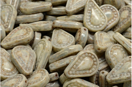 Filigree Teardrop Beads, White Travertin Beige Spotted (02010-86800-33312), Glass, Czech Republic