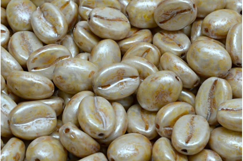 Coffee Bean Beads, White Cream Luster Spotted (02010-65321), Glass, Czech Republic