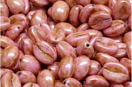 Coffee Bean Beads, White Pink Beige Luster Spotted (02010-65323), Glass, Czech Republic