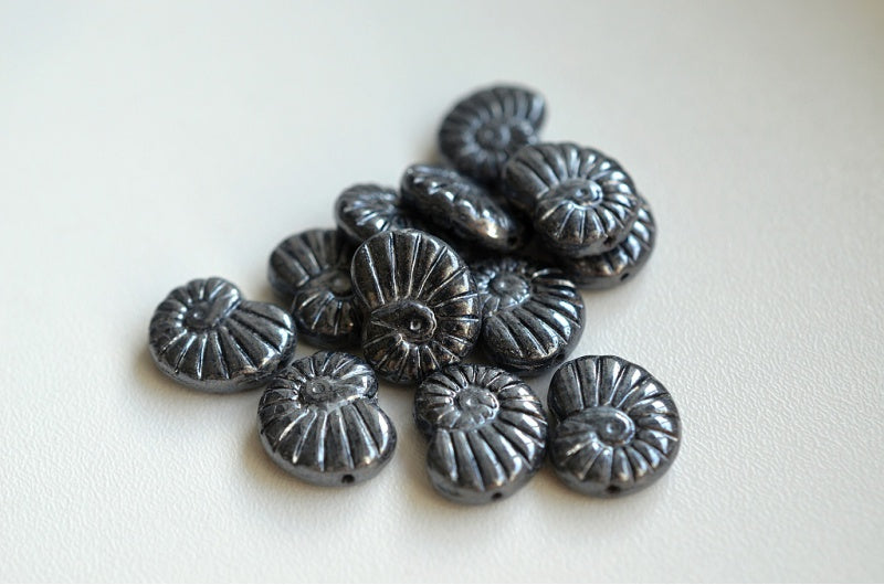 Shell Beads, Black Hematite (23980-14400), Glass, Czech Republic