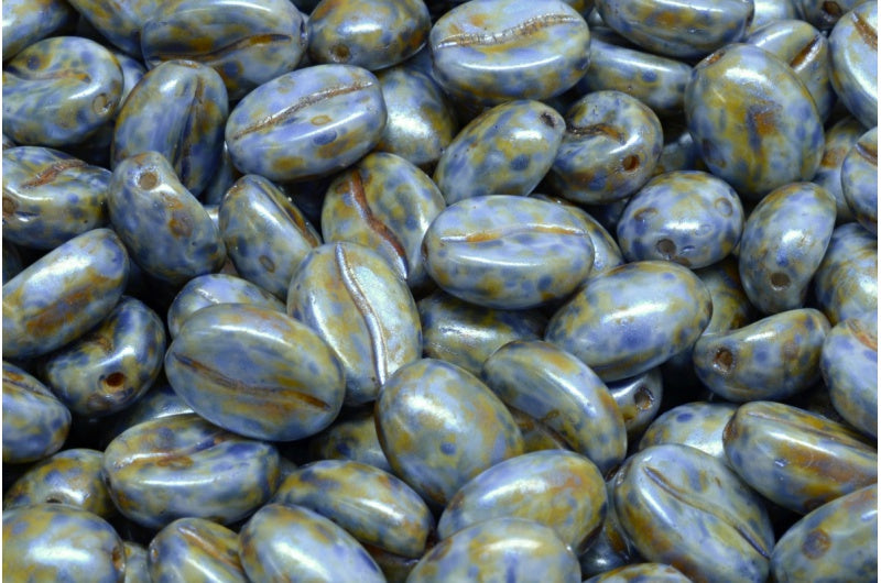 Coffee Bean Beads, White Green Luster Spotted (02010-65325), Glass, Czech Republic