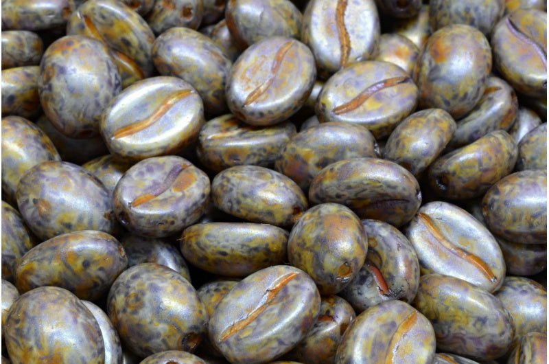 Coffee Bean Beads, White Purple Brown Luster Spotted (02010-65329), Glass, Czech Republic