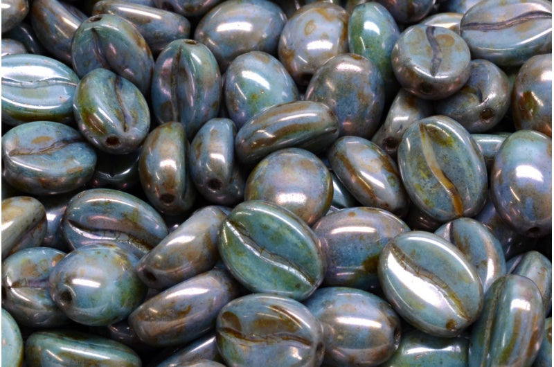 Coffee Bean Beads, White Stain With Luster Blue (02010-65431), Glass, Czech Republic