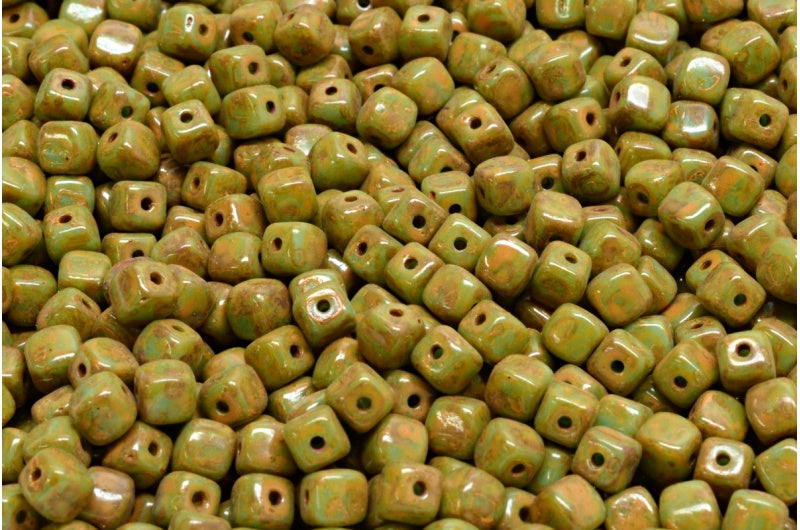 Cube Beads, Blue Travertin Orange Spotted (63020-86800-33302), Glass, Czech Republic