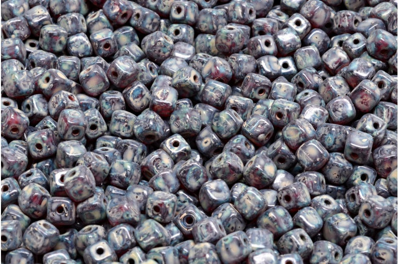 Cube Beads, Ruby Red Travertin Beige Travertin Spotted (90080-86800-33301), Glass, Czech Republic