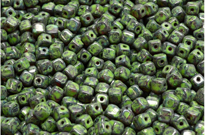 Cube Beads, Ruby Red Travertin Green Spotted (90080-86800-33311), Glass, Czech Republic