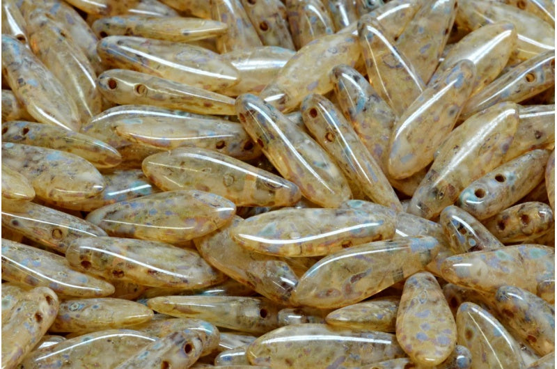 OUTLET 10 克 2 孔匕首珠，5 x 16 毫米，水晶石灰华米色石灰华斑点 (00030-86800-33301)，玻璃，捷克共和国