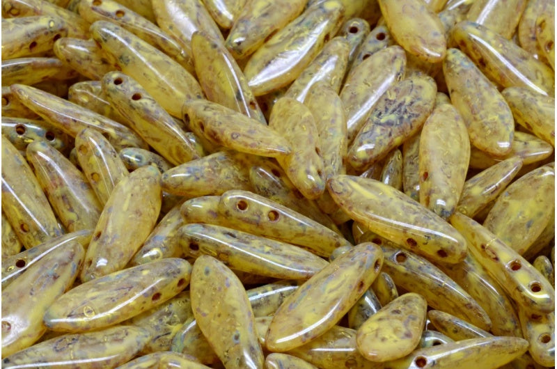 2穴ダガービーズ、クリスタルトラバーチンベージュイエロースポット（00030-86800-33303）、ガラス、チェコ共和国