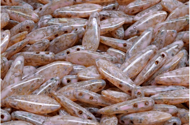 奥特莱斯 10克双孔匕首珠，5 x 16毫米，水晶石灰华暖紫色斑点 (00030-86800-33304)，玻璃，捷克共和国