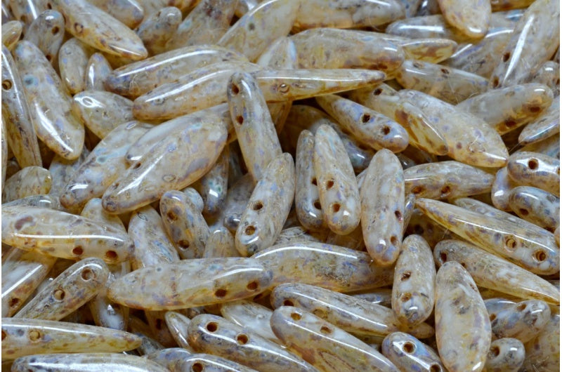 2 孔匕首珠，米色斑点水晶石灰华 (00030-86800-33312)，玻璃，捷克共和国