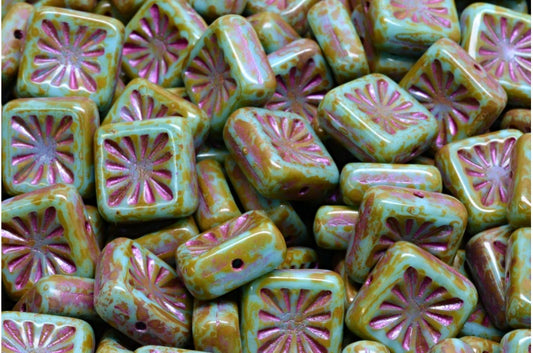 Squared Kiwi Beads, Blue Travertin Pink Lined (63020-86800-43807), Glass, Czech Republic