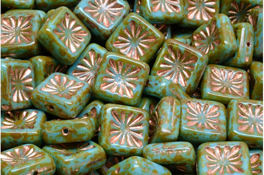 Squared Kiwi Beads, Blue Travertin Copper Lined (63020-86800-54307), Glass, Czech Republic