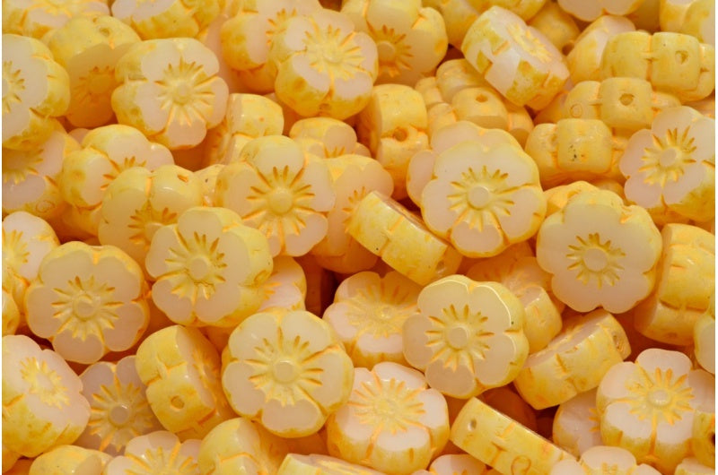 Table Cut Hawaii Flower Beads, White Opal Light Orange (02020-84302), Glass, Czech Republic