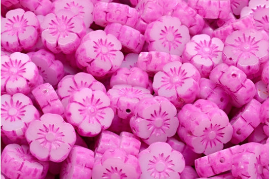 Table Cut Hawaii Flower Beads, White Opal 84305 (02020-84305), Glass, Czech Republic