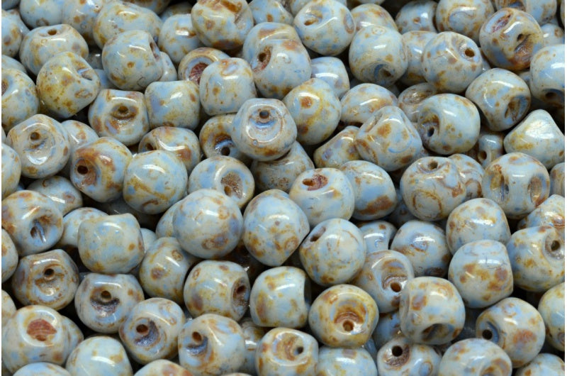 マッシュルームボタンビーズ、ホワイトトラバーチンブルースポット（02010-86800-33308）、ガラス、チェコ共和国