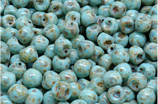 Mushroom Button Beads, White Travertin Turqouise Spotted (02010-86800-33309), Glass, Czech Republic