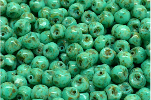 Mushroom Button Beads, White Travertin Turqouise Spotted (02010-86800-33310), Glass, Czech Republic