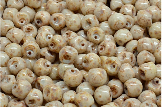 Mushroom Button Beads, White Travertin Beige Spotted (02010-86800-33312), Glass, Czech Republic