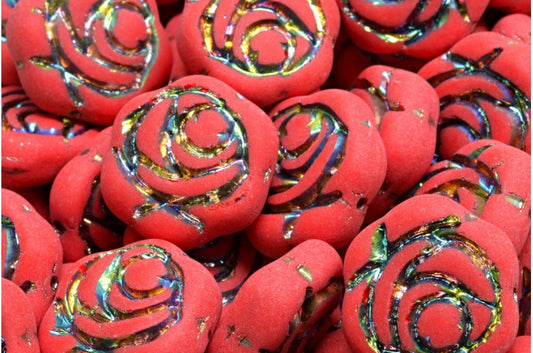 Flat Round Rose Flower Beads, Opaque Red 28103 Matte (93200-28103-84100), Glass, Czech Republic