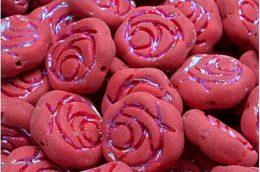 Flat Round Rose Flower Beads, Opaque Red Ab Full (2X Side) Matte (93210-28703-84100), Glass, Czech Republic